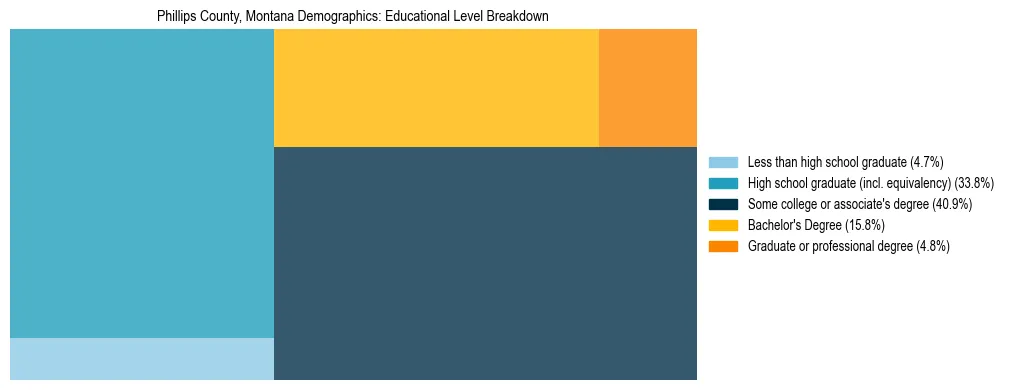 Treemap chart illustrating the educational attainment breakdown for population 25 years and over in Phillips County, Montana.