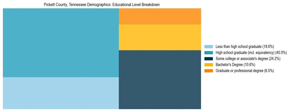 Treemap chart illustrating the educational attainment breakdown for population 25 years and over in Pickett County, Tennessee.