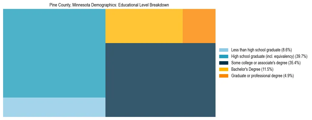 Treemap chart illustrating the educational attainment breakdown for population 25 years and over in Pine County, Minnesota.