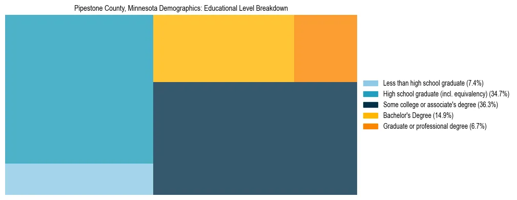 Treemap chart illustrating the educational attainment breakdown for population 25 years and over in Pipestone County, Minnesota.