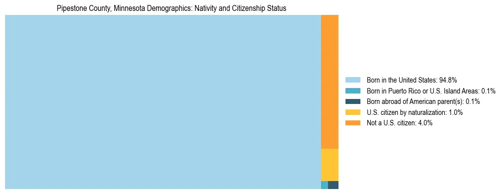 Treemap showing the population distribution by nativity and citizenship status in Pipestone County, Minnesota based on U.S. Census data.