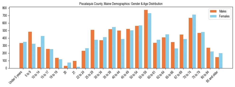 Population pyramid for Piscataquis County, Maine showing male vs female age distribution based on 2023 ACS data.