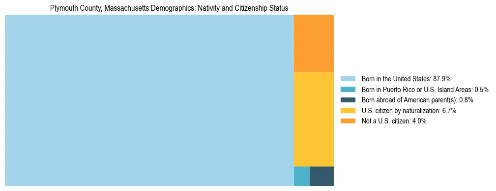 Treemap showing the population distribution by nativity and citizenship status in Plymouth County, Massachusetts based on U.S. Census data.