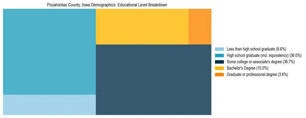 Treemap chart illustrating the educational attainment breakdown for population 25 years and over in Pocahontas County, Iowa.