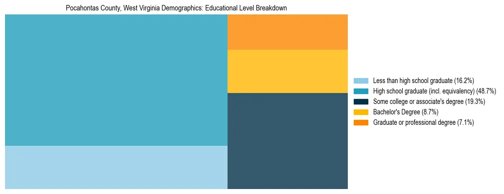 Treemap chart illustrating the educational attainment breakdown for population 25 years and over in Pocahontas County, West Virginia.