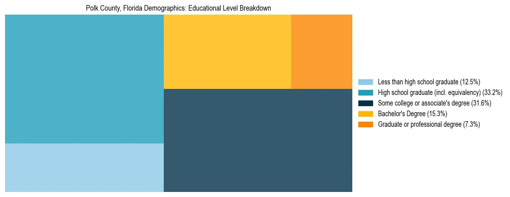 Treemap chart illustrating the educational attainment breakdown for population 25 years and over in Polk County, Florida.