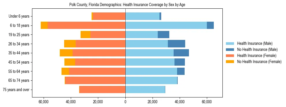 Pyramid chart showing health insurance coverage by age and sex in Polk County, Florida.