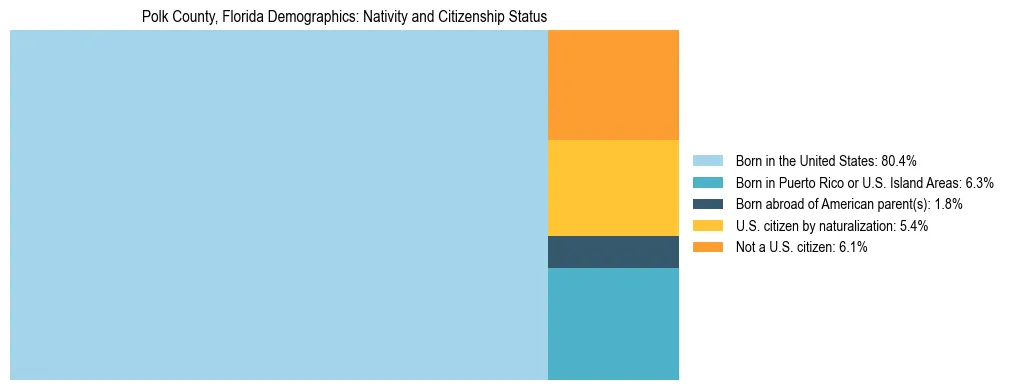 Treemap showing the population distribution by nativity and citizenship status in Polk County, Florida based on U.S. Census data.