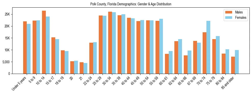 Bar chart showing the population distribution of Polk County, Florida by age group and gender, based on 2023 ACS data.