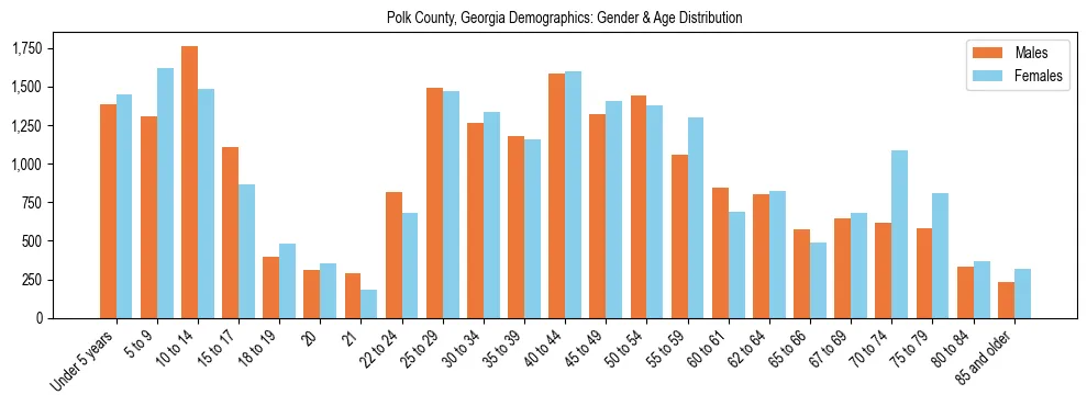 Bar chart showing the population distribution of Polk County, Georgia by age group and gender, based on 2023 ACS data.