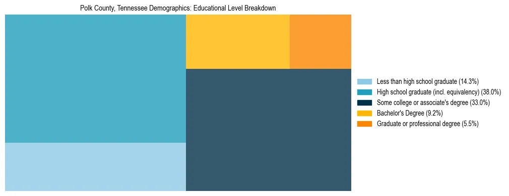 Treemap chart illustrating the educational attainment breakdown for population 25 years and over in Polk County, Tennessee.