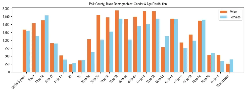 Bar chart showing the population distribution of Polk County, Texas by age group and gender, based on 2023 ACS data.