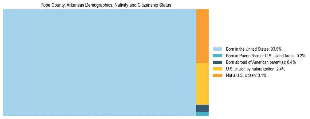Treemap showing the population distribution by nativity and citizenship status in Pope County, Arkansas based on U.S. Census data.