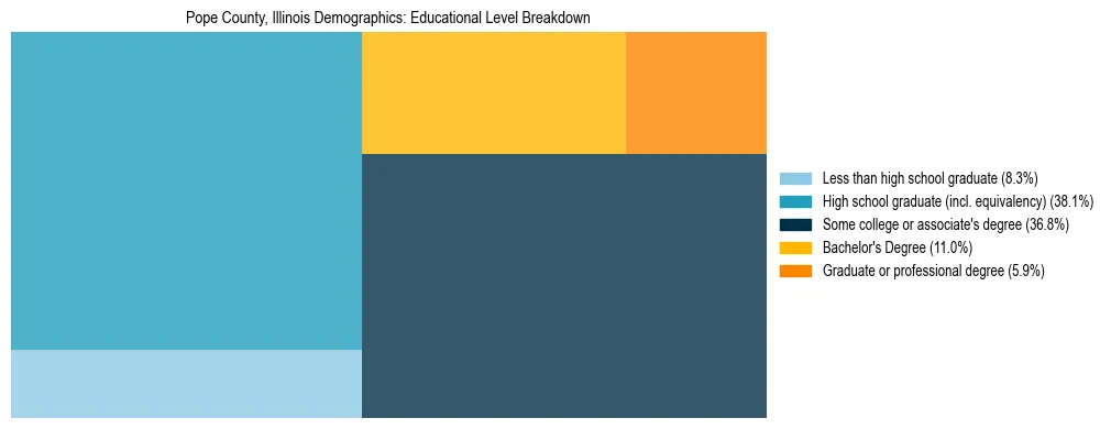 Treemap chart illustrating the educational attainment breakdown for population 25 years and over in Pope County, Illinois.