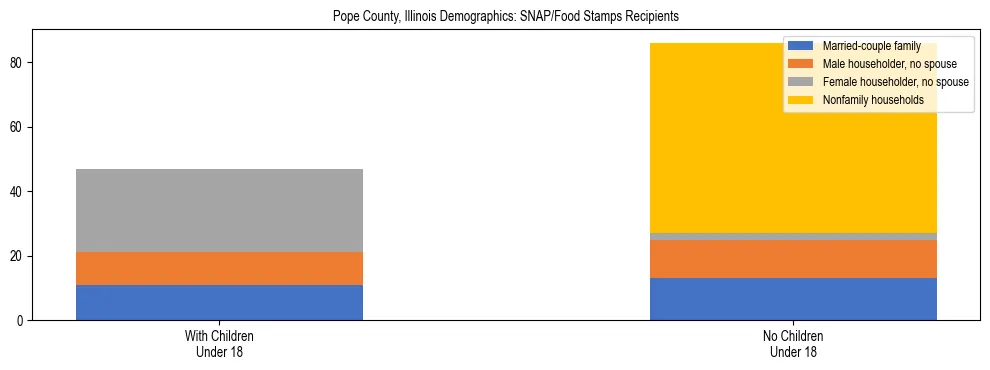 Stacked bar chart showing SNAP/Food Stamps recipient household composition by presence of children under 18 in Pope County, Illinois, based on 2023 ACS data.