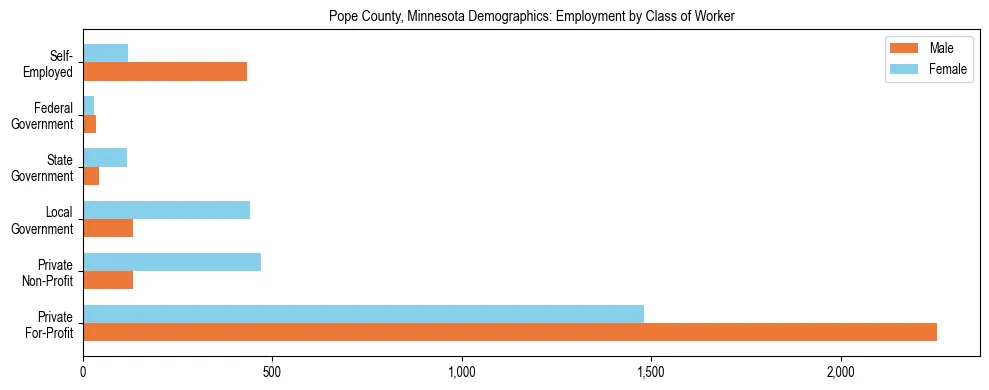 Horizontal bar chart showing employment distribution by class of worker and gender in Pope County, Minnesota, based on 2023 ACS data.