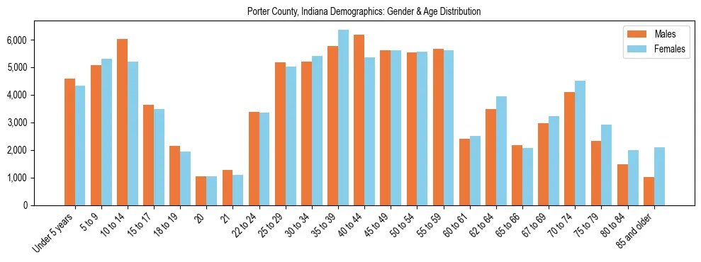 Bar chart showing the population distribution of Porter County, Indiana by age group and gender, based on 2023 ACS data.