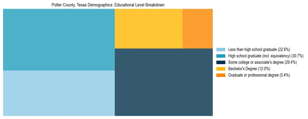 Treemap chart illustrating the educational attainment breakdown for population 25 years and over in Potter County, Texas.