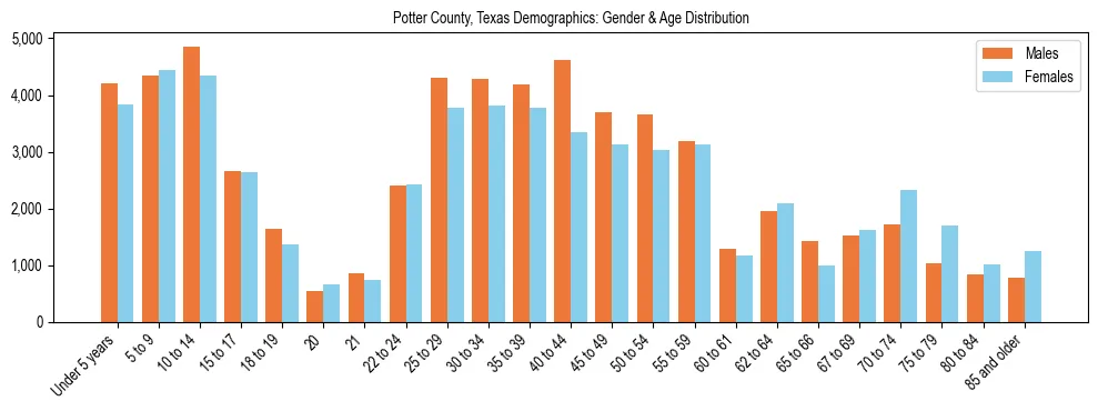 Bar chart showing the population distribution of Potter County, Texas by age group and gender, based on 2023 ACS data.