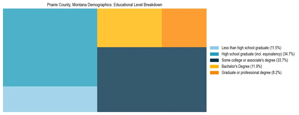 Treemap chart illustrating the educational attainment breakdown for population 25 years and over in Prairie County, Montana.