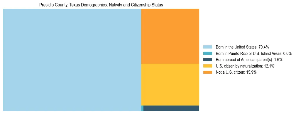 Treemap showing the population distribution by nativity and citizenship status in Presidio County, Texas based on U.S. Census data.