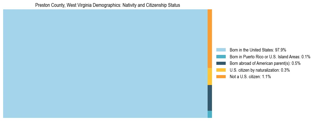 Treemap showing the population distribution by nativity and citizenship status in Preston County, West Virginia based on U.S. Census data.