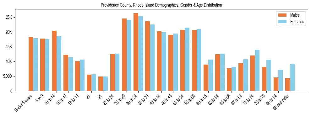 Bar chart showing the population distribution of Providence County, Rhode Island by age group and gender, based on 2023 ACS data.