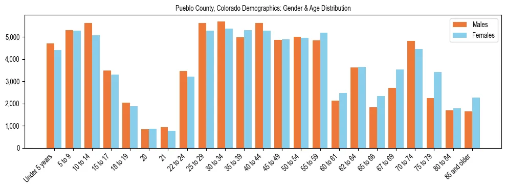 Bar chart showing the population distribution of Pueblo County, Colorado by age group and gender, based on 2023 ACS data.