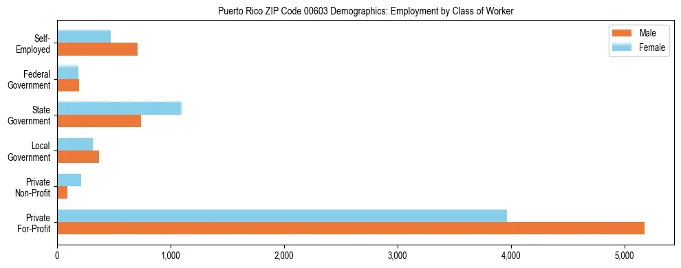 Horizontal bar chart showing employment distribution by class of worker and gender in Puerto Rico ZIP Code 00603, based on 2023 ACS data.