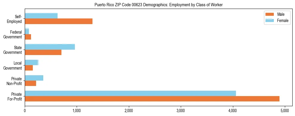 Bar chart showing employment distribution by class of worker (Private, Government, Self-Employed) in Puerto Rico ZIP Code 00623 based on 2023 ACS data.