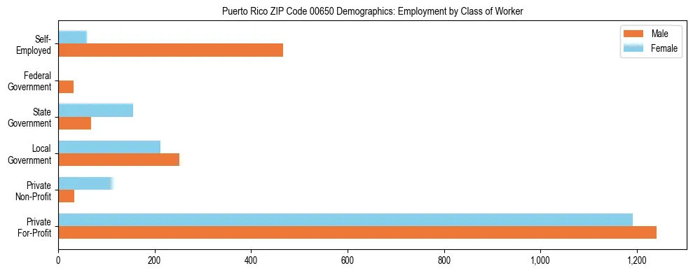 Bar chart showing employment distribution by class of worker (Private, Government, Self-Employed) in Puerto Rico ZIP Code 00650 based on 2023 ACS data.