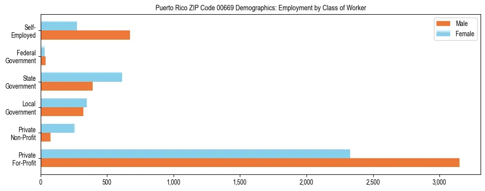 Bar chart showing employment distribution by class of worker (Private, Government, Self-Employed) in Puerto Rico ZIP Code 00669 based on 2023 ACS data.