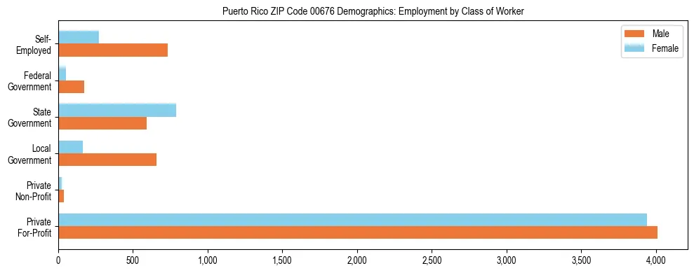 Bar chart showing employment distribution by class of worker (Private, Government, Self-Employed) in Puerto Rico ZIP Code 00676 based on 2023 ACS data.