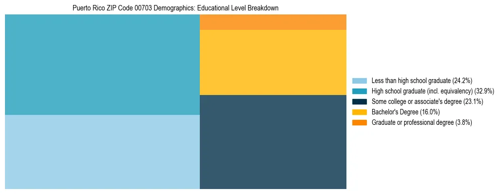 Treemap chart illustrating educational attainment levels for adults 25+ in Puerto Rico ZIP Code 00703 based on 2023 ACS data.
