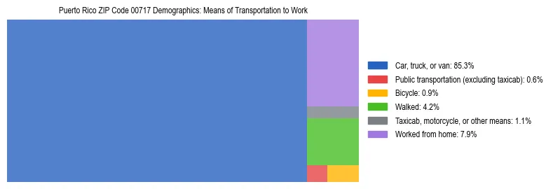 Treemap chart illustrating how workers in Puerto Rico ZIP Code 00717 commute to work based on 2023 ACS data.
