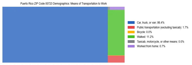 Treemap chart illustrating how workers in Puerto Rico ZIP Code 00723 commute to work based on 2023 ACS data.