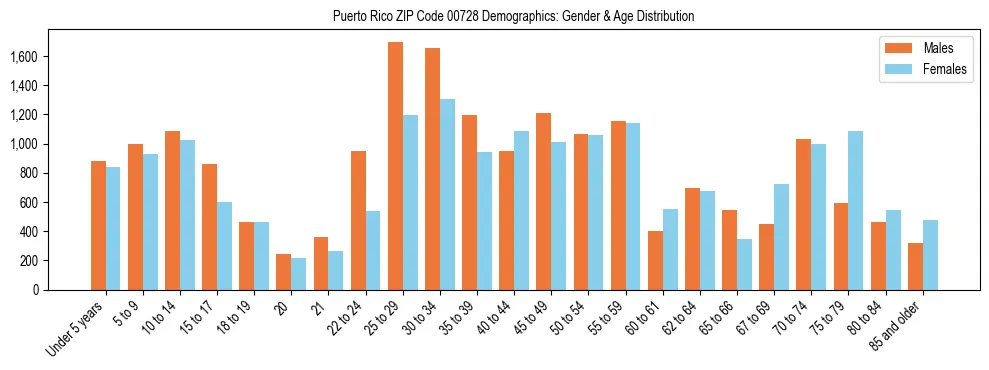 Population pyramid for Puerto Rico ZIP Code 00728 showing male vs female age distribution based on 2023 ACS data.