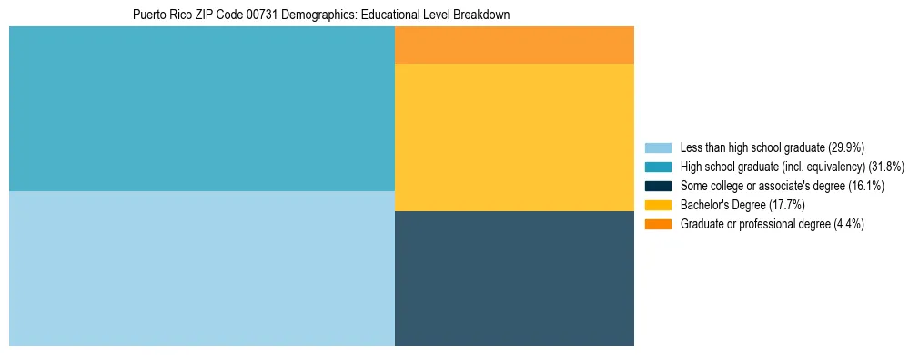 Treemap chart illustrating educational attainment levels for adults 25+ in Puerto Rico ZIP Code 00731 based on 2023 ACS data.