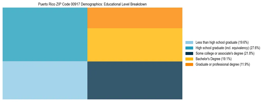 Treemap chart illustrating the educational attainment breakdown for population 25 years and over in Puerto Rico ZIP Code 00917.