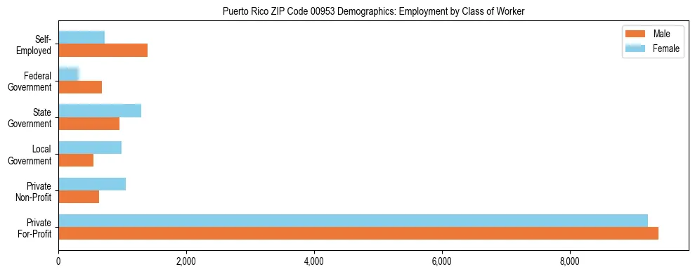 Horizontal bar chart showing employment distribution by class of worker and gender in Puerto Rico ZIP Code 00953, based on 2023 ACS data.