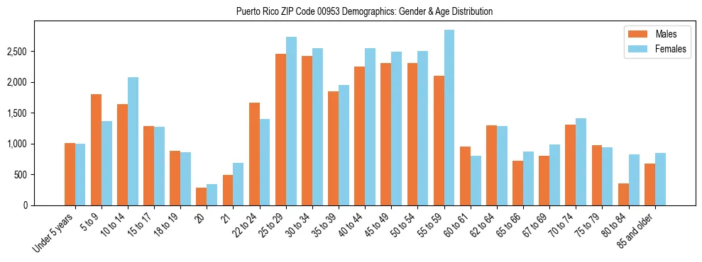 Bar chart showing the population distribution of Puerto Rico ZIP Code 00953 by age group and gender, based on 2023 ACS data.