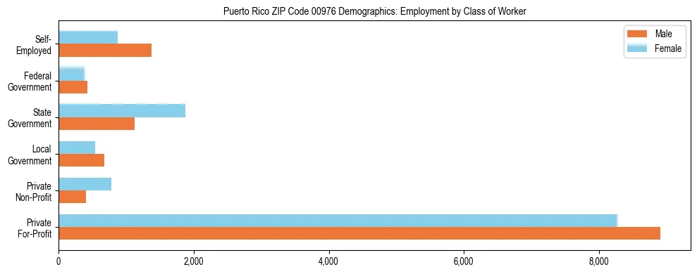 Horizontal bar chart showing employment distribution by class of worker and gender in Puerto Rico ZIP Code 00976, based on 2023 ACS data.