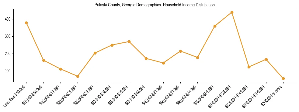 Horizontal bar chart showing household income distribution in Pulaski County, Georgia.