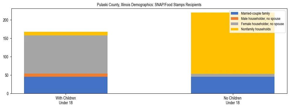 Stacked bar chart showing SNAP/Food Stamps recipient household composition by presence of children under 18 in Pulaski County, Illinois, based on 2023 ACS data.