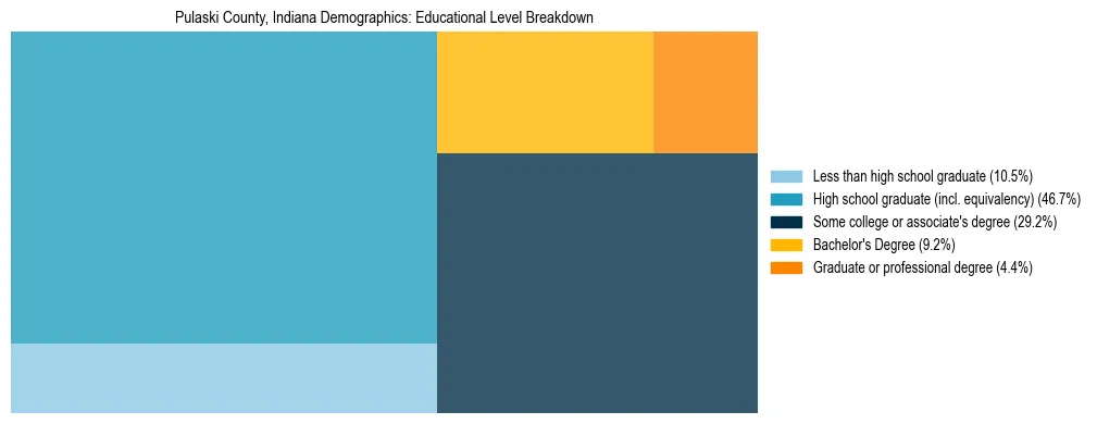 Treemap chart illustrating the educational attainment breakdown for population 25 years and over in Pulaski County, Indiana.