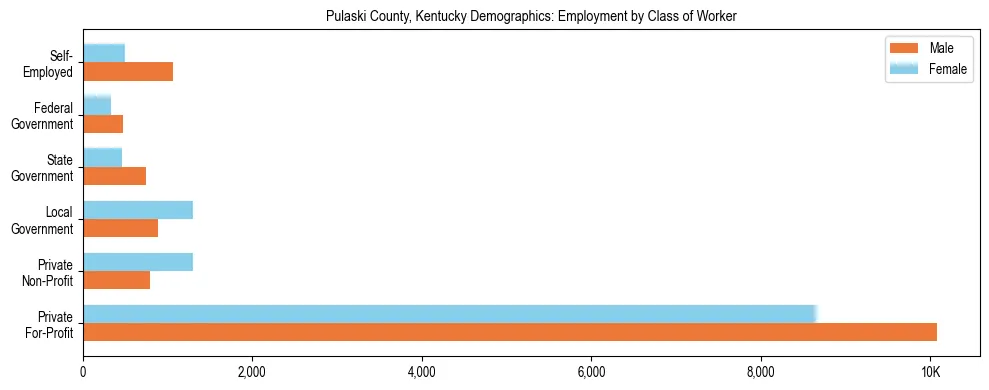 Horizontal bar chart showing employment distribution by class of worker and gender in Pulaski County, Kentucky, based on 2023 ACS data.