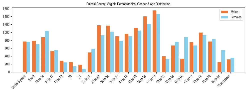Bar chart showing the population distribution of Pulaski County, Virginia by age group and gender, based on 2023 ACS data.