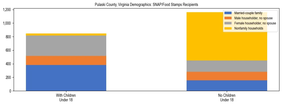 Stacked bar chart showing SNAP/Food Stamps recipient household composition by presence of children under 18 in Pulaski County, Virginia, based on 2023 ACS data.