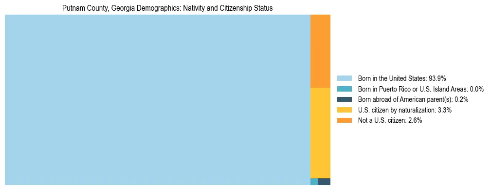 Treemap showing the population distribution by nativity and citizenship status in Putnam County, Georgia based on U.S. Census data.