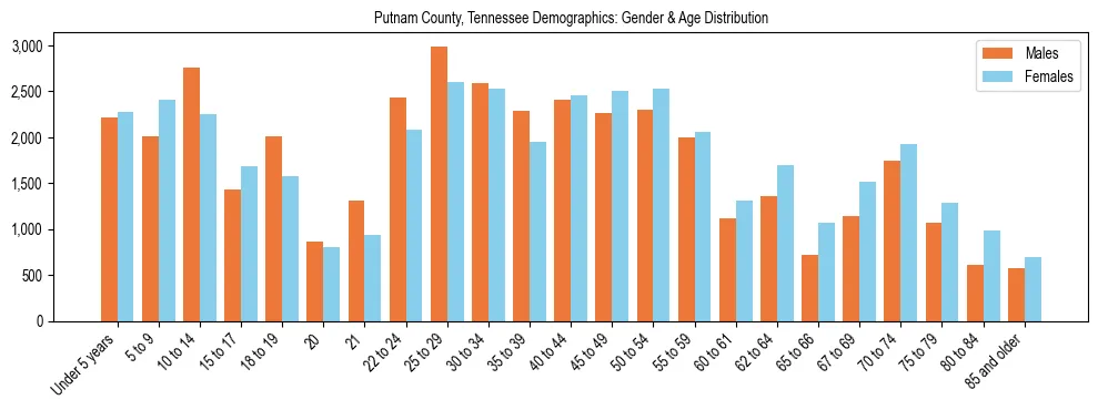Bar chart showing the population distribution of Putnam County, Tennessee by age group and gender, based on 2023 ACS data.